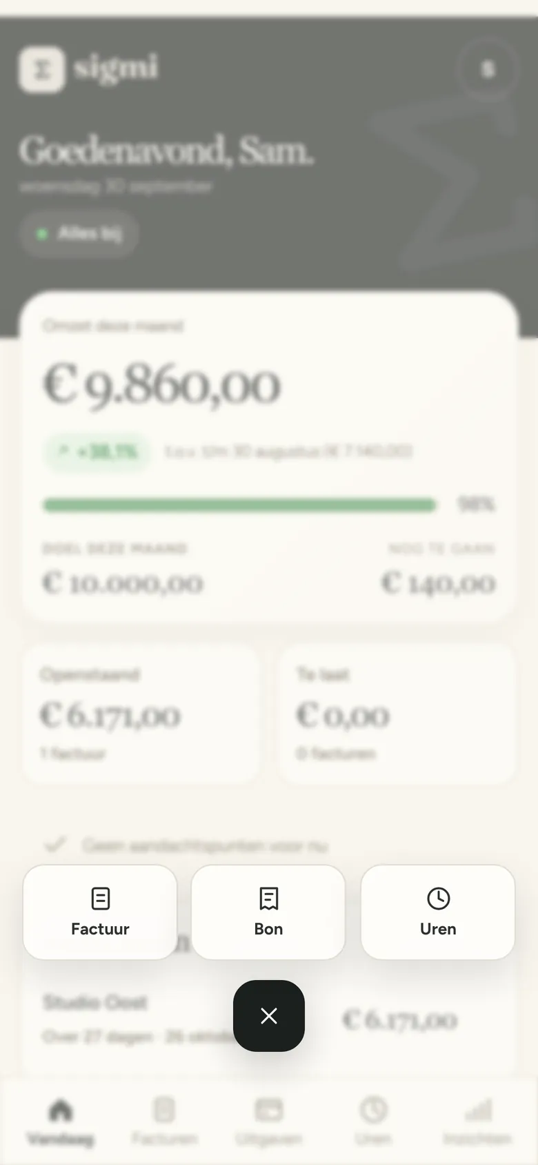 Het plusmenu in Sigmi met de keuzes Factuur, Bon en Uren.